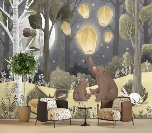 Cozy Night Forest Animal Sleeping Bear Lantern Kids Wallpaper - Image 2