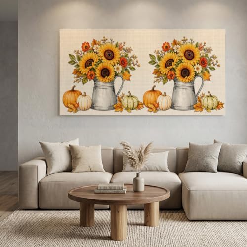 Thanksgiving Fall Large Wall Art Yellow Sunflower Pumpkins Leaf Linen Texture - Image 2