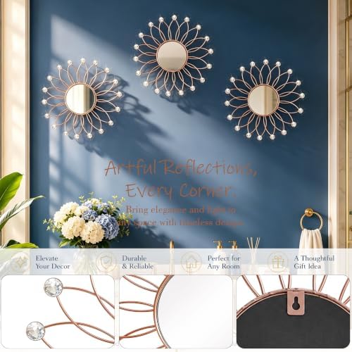 3 Pack Wall Metal Mirrors Sunburst Wall Mirror Rose Gold Crystal Wall Art - Image 3