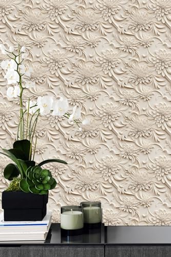 Peel and Stick Wallpaper Light Brown Scroll Floral Feature by WEISENI