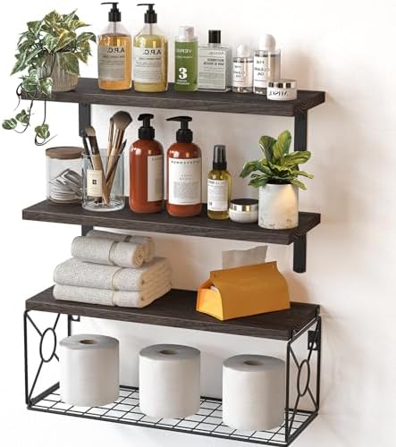 Amada Bathroom Shelves with Storage Basket, Rustic Brown by AMADAHOMEFURNISHING