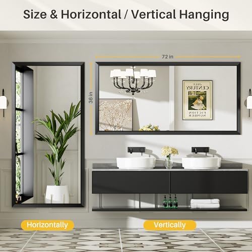 Briivue Black Metal Framed Bathroom Wall Mirror, 72x36 Inch - Image 5