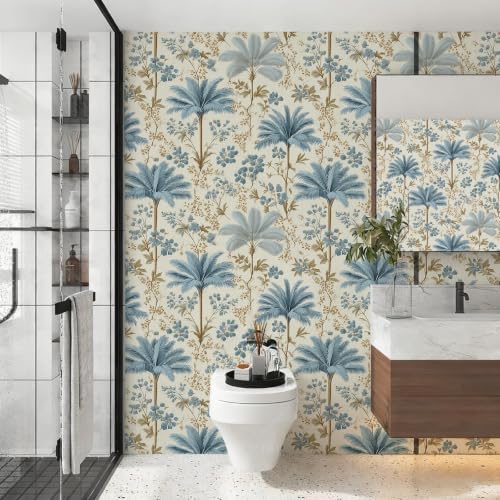 Stickorama Vintage Chinoiserie Blue Palm Tree Floral Peel and Stick Wallpaper - Image 3