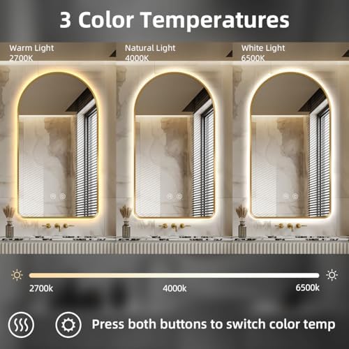 32"H x 20"W Arched LED Bathroom Mirror, Brushed Gold Framed Backlit Vanity - Image 3