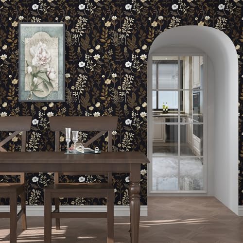 Black Dark Muted Gold Floral Peel and Stick Wallpaper 17.5" x 197" - Image 2