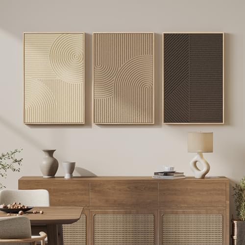Large 3D Framed Neutral Abstract Wall Art Set of 3, Modern Artwork 20x30 In - Image 2