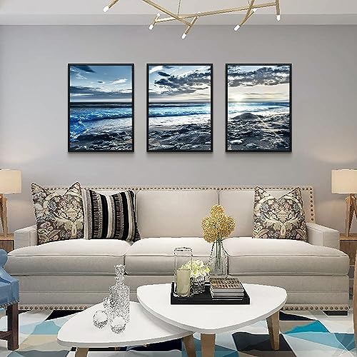 Black Framed Canvas Wall Art For Living Room Wall Decor For Bedroom Blue Beach - Image 3