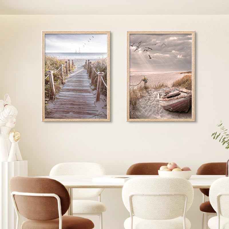 Beach Canvas Wall Art Neutral Coastal Canvas Pictures Vintage Bicycle Wooden - Image 6