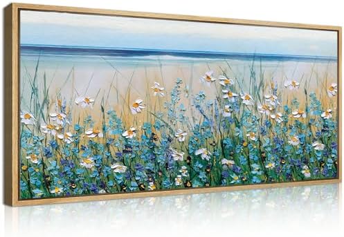 Large Blue Seaside Cyan Floral Wall Painting wildflower Blossom Art Framed by BINCUE