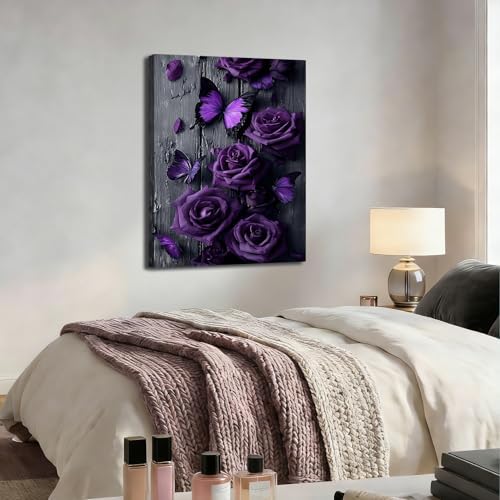 ZERILYN Ship Next Day Purple Rose Wall Art Canvas Prints Butterfly Canvas Art - Image 5