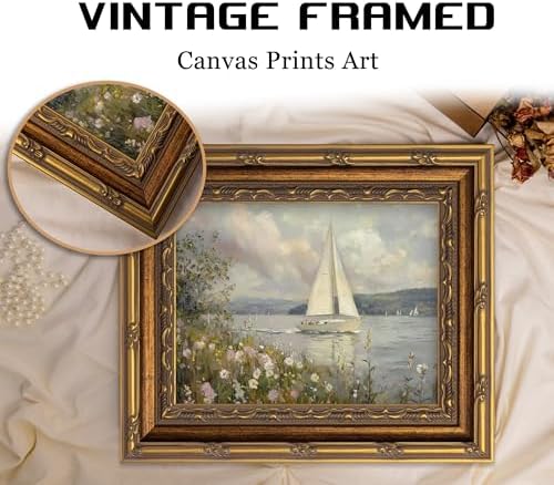 Vintage Gold Framed Coastal Landscape Wall art, Wildflower and Sailboat Oil - Image 4