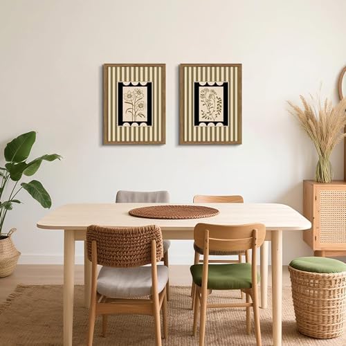 Framed Vintage Botanical Wall Art Set of 2, Olive Green Striped Floral Line - Image 2