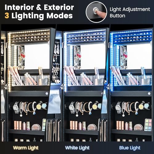 CHARMAID LED Mirror Jewelry Cabinet, Lockable Jewelry Armoire - Image 4