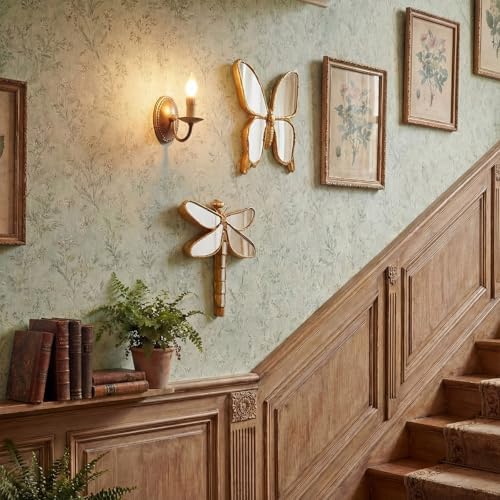 Sliner 2 Pcs Gold Dragonfly & Butterfly Mirror Wall Decor, Insect Wall Art - Image 4