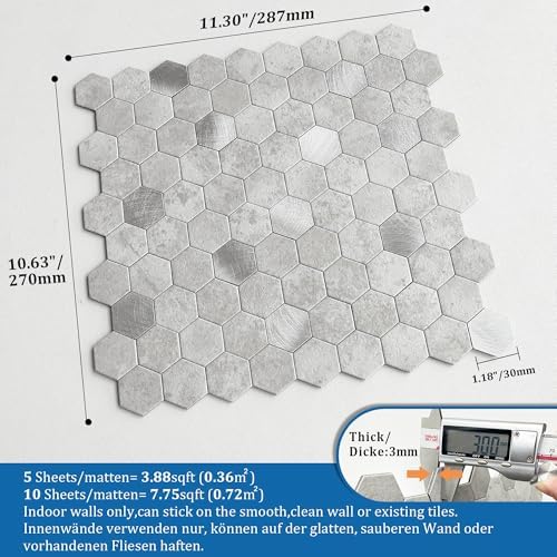 Peel and Stick Backsplash Hexagon Marble Tiles Cement Grey 5pcs - Image 5
