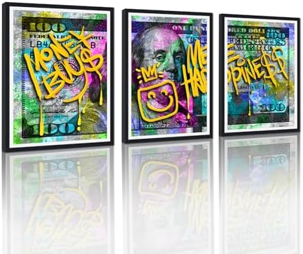 Black Framed Canvas Wall Art 100 Dollar Money Buy Me Happiness Painting 3 Panels by YatsenBridge