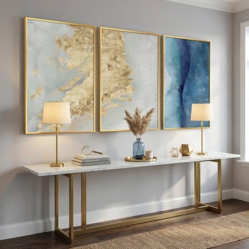 Large Framed Blue Gold Abstract Wall Art - Image 4