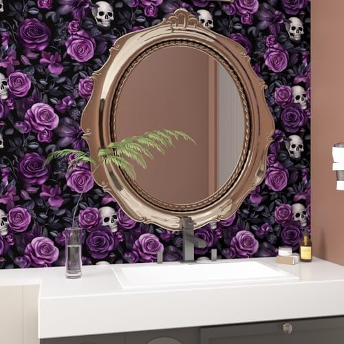 Laatse Gothic Dark Purple Skull Floral Wallpaper Peel and Stick 17.5"x787" - Image 4