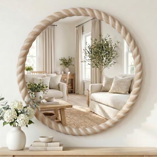 24"x24" Round Solid Wood Farmhouse Decorative Wall Mirror by Unknown