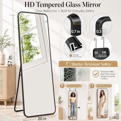57x20" Full Length Mirror Floor Stand, Over the Door, Wall Mounted Black - Image 2