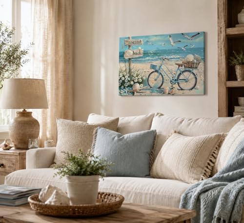 Birnsen Coastal Beach Bicycle Canvas Wall Art Seagull Seashell Daisies Picture - Image 5