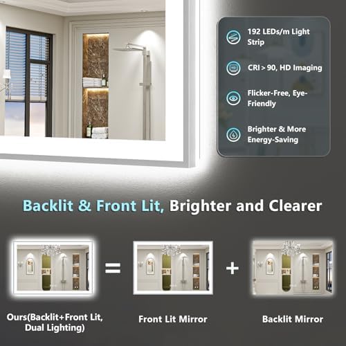 68x36 Inch Brushed Nickel LED Bathroom Mirror, Backlit & Front Lit - Image 3