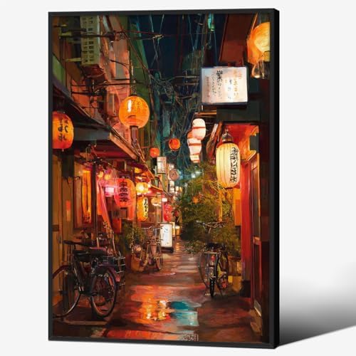 Japanese Tokyo Tea House Canvas Wall Art Asian Lantern Street Night Scene by Unknown