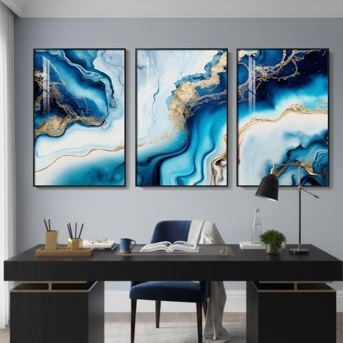 Large Framed Blue and Gold Abstract Wall Art - Image 5
