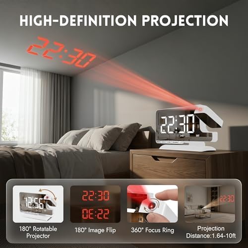 Projection Clock, Alarm Clocks for Bedrooms, 7.3"Mirror Bedside Clock - Image 2
