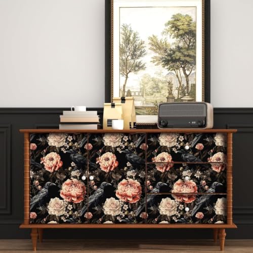 ILHIIOR Black Crow Floral Peel and Stick Wallpaper 17.5 x 393 Inches - Image 2