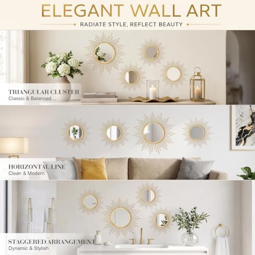 4 Pieces Gold Sunburst Wall Mirror Set Modern Metal Circles - Image 7
