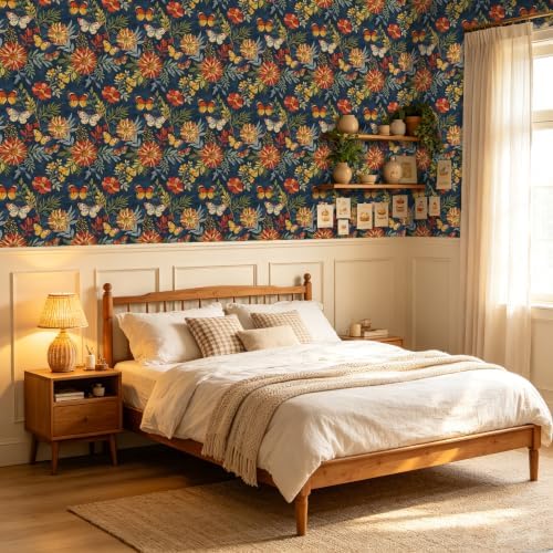 BOKEBEVE Vintage Floral Wallpaper Peel Stick Butterfly Blue 17.5 x 118In - Image 2