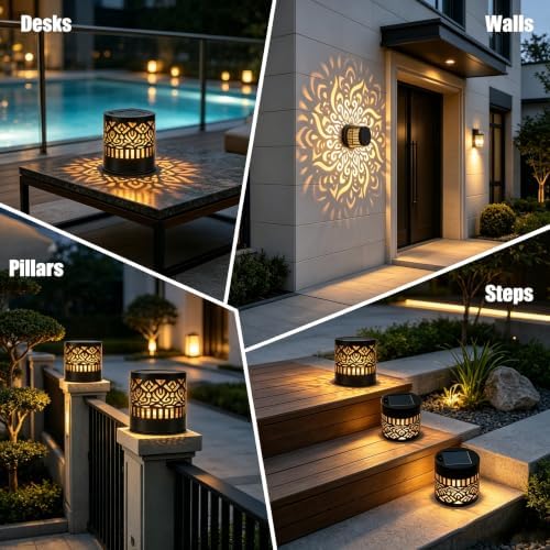 Solar Mandala Outdoor Wall Lights, 4 Pack 7 Color Changing Metal Fence Lanterns - Image 4