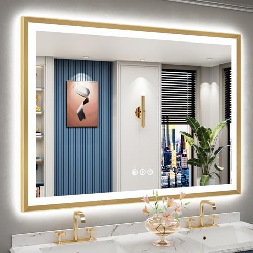 55x40 Gold Beveled LED Lighted Bathroom Mirror, Backlit & Front Lit by Awandee