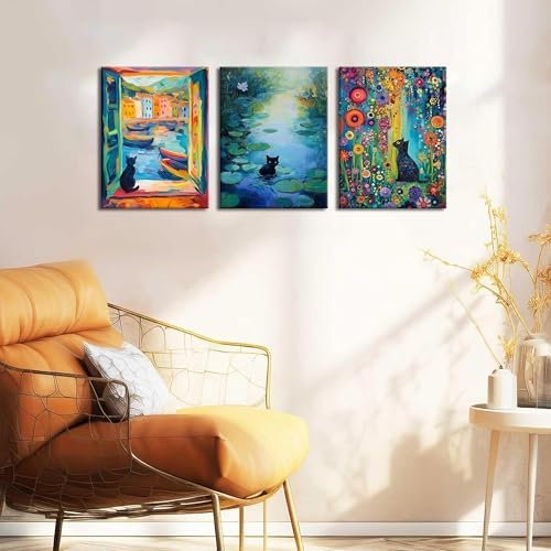 MUWAK Framed Funny Monet Black Cat Canvas Wall Art – Whimsical Matisse Cat - Image 4