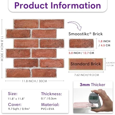 3D Peel and Stick Faux Brick Wall Panels 11.8" x 11.8" 10-Pack - Image 3