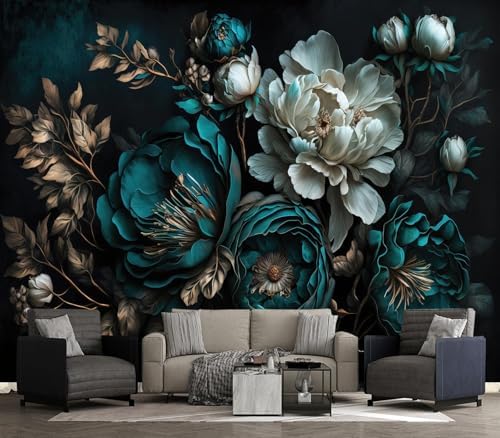 Luxurious Moody Dark Teal & Cream Peony Floral Wallpaper Mural by Unknown