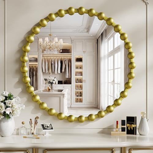 28 Inch Gold Round Mirror, Decorative Circle Wall Mirror by WISSMIELSHOME