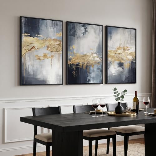 Large Framed Blue and Gold Abstract Wall Art - Image 4