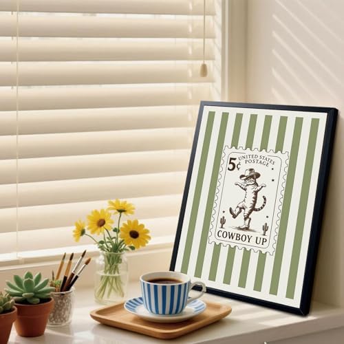 Framed Cowboy Cat Wall Art Painting, Vintage Western Cat Stamp Canvas Print - Image 3