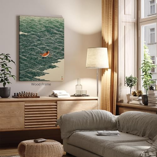 Vintage Japanese Canvas Wall Art Emerald Green Boat At Sea Posters Minimalist - Image 4