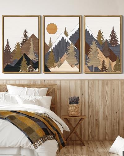 KUVIOKE Landscape Mountain Wall Art 16x24in Natural Framed - Image 2