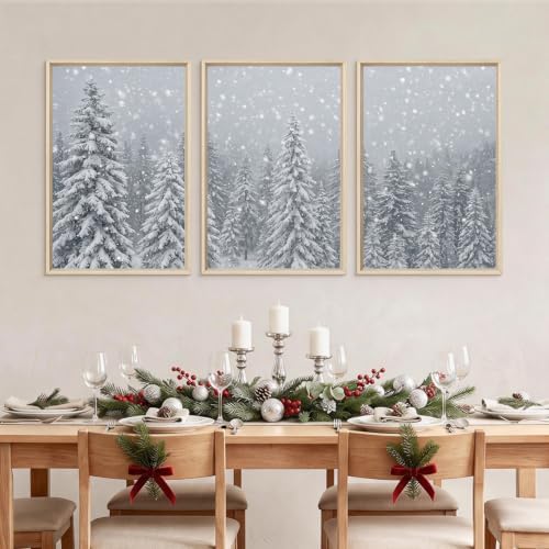 Snowy Christmas Tree Natural Woodland Framed Canvas Wall Art Set- 16"x24"x3 - Image 3