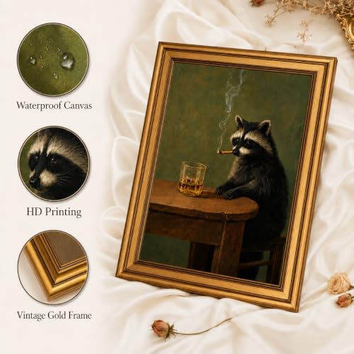 Gold Framed Raccoon Canvas Wall Art, Funny Animal Picture Wall Decor 11x9in - Image 3