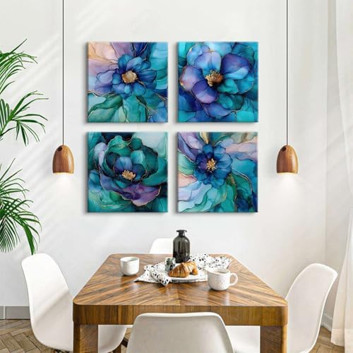 Abstract Wall Art Teal Blue and Gold Pictures Wall Decor Turquoise Floral - Image 5