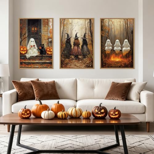 HLNIUC Framed Halloween Canvas Wall Art, Dark Witch Crow Raven Prints, Horror - Image 2