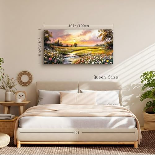 crmotu Nature Landscape Wall Art, Sunset Wildflowers Pictures 20X40 In - Image 5