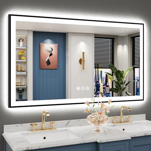 55x30 Black LED Bathroom Mirror, Backlit & Front Lit Lighted Mirror by Awandee