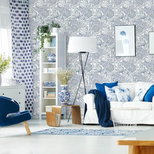 Wudnaye Navy Blue and White Floral Peel and Stick Wallpaper 16.9"×393" - Image 4