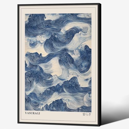 Japanese Blue Waves Wall Art Vintage Oriental Japandi Wabi Sabi Poster 24X36 by rumlud